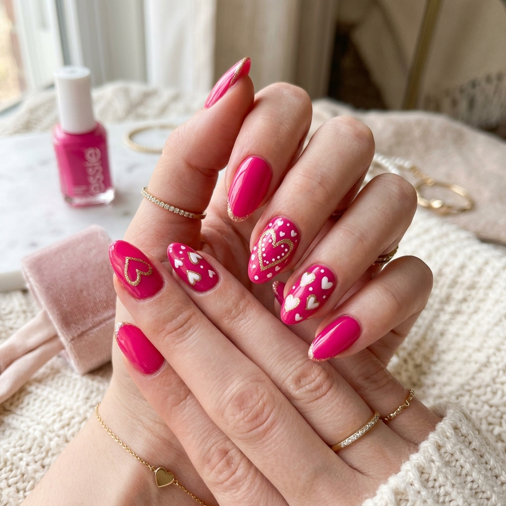 30 Pink Valentines Day Nails Ideas You'll Love 2 Hot Pink Heart Nails Idea
