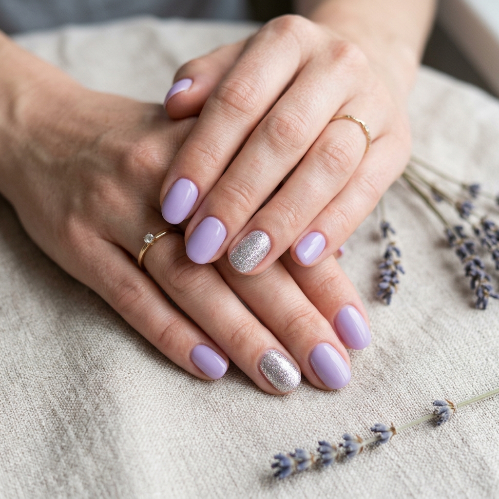 30 Pastel Nails Ideas 7 Lavender Glitter Accent Idea