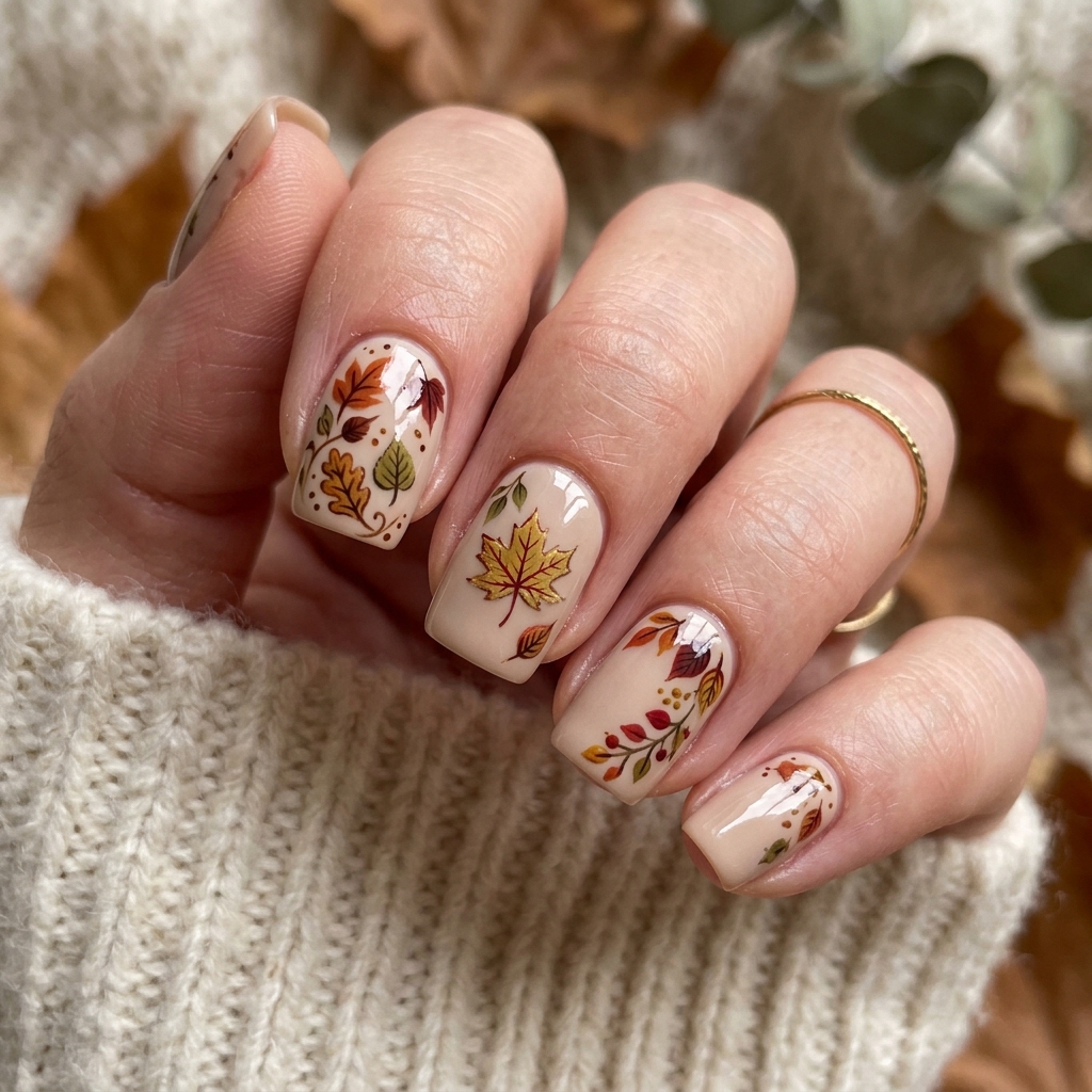 Autumn Nails Ideas: 30 Warm and Creative Ways to Style Your Manicure 15 Leaf Print Autumn Nails Idea