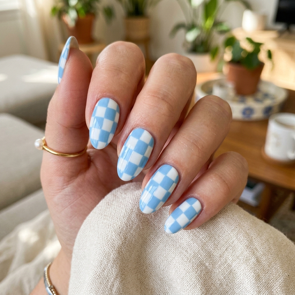 Light Blue Nails 30: Shades, Designs & Inspo for Every Style 23 Checkerboard Light Blue Nails Ideas