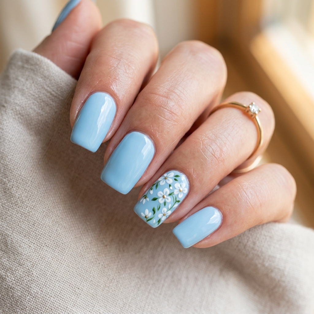 Light Blue Nails 30: Shades, Designs & Inspo for Every Style 11 Floral Accent Light Blue Nails Ideas