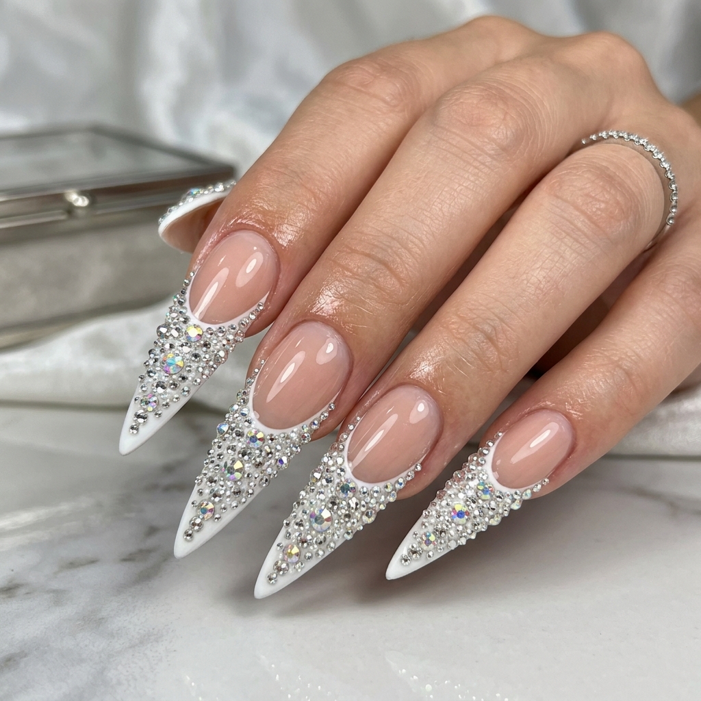 Long French Tip Nails with Gems Idea