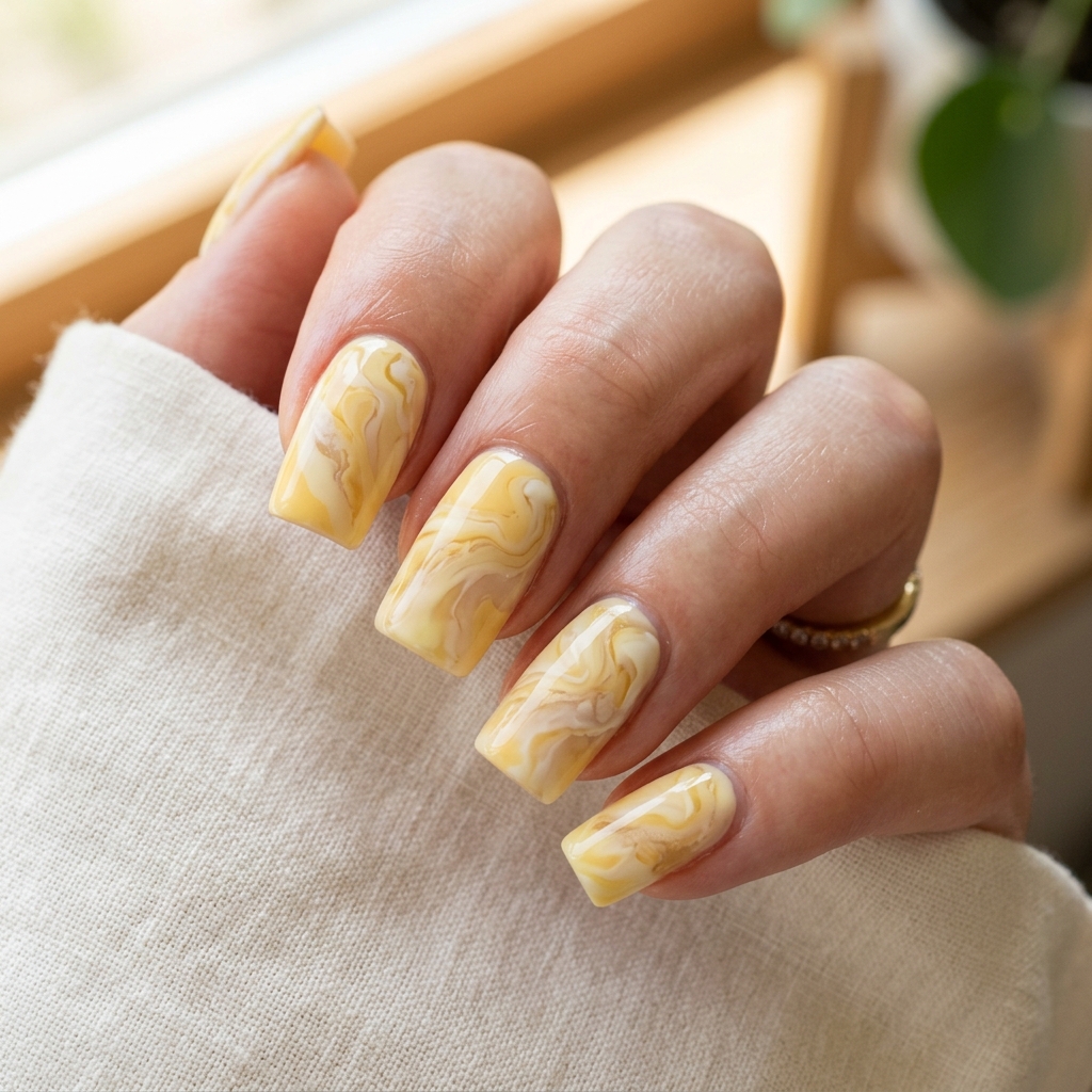 Marble Butter Yellow Nails Idea