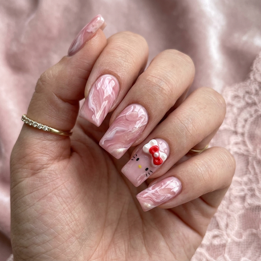 30 Hello Kitty Nails Ideas to Spark Your Next Manicure 17 Marble Hello Kitty Nail Idea