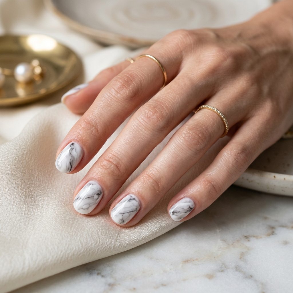 30 Short Round Nails Ideas That Bring Effortless Style to Life 12 Marble Effect Short Round Nail Idea