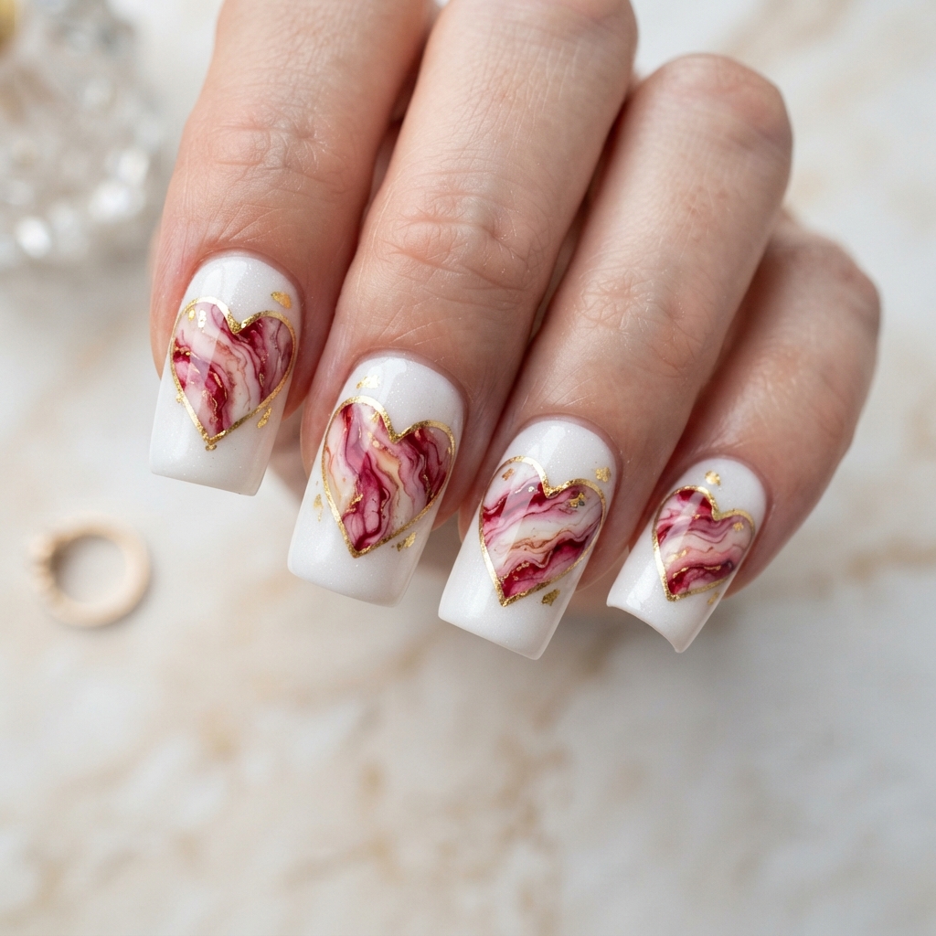 Marble Heart Square Valentine Nails Idea