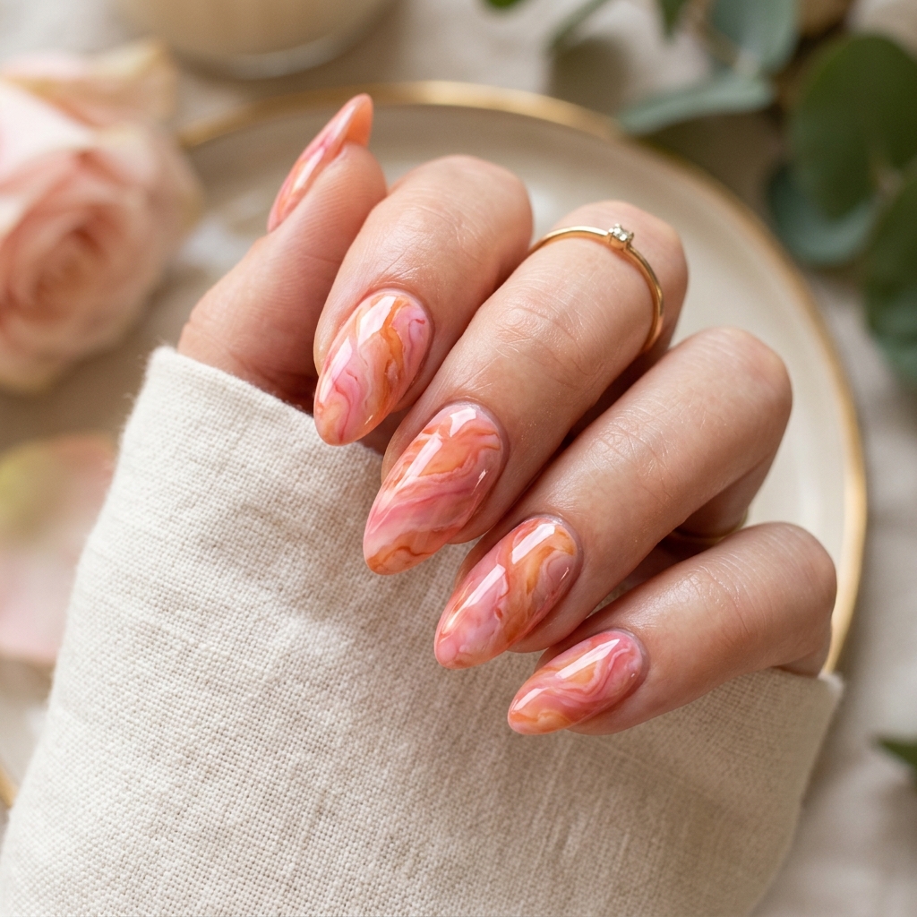 30 Pink and Orange Nails Ideas 11 Marble Pink and Orange Nails Ideas