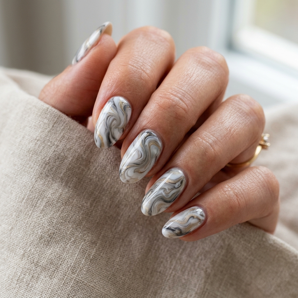 Short Almond Nails Ideas: 30 Elegant Ways to Style a Practical Shape 15 Marble Short Almond Nail Idea