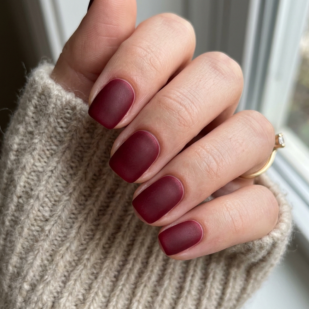 From Wine to Wine to Burgundy: 30 Dark Red Nails Ideas for Every Vibe 4 Matte dark red nails 202607122015