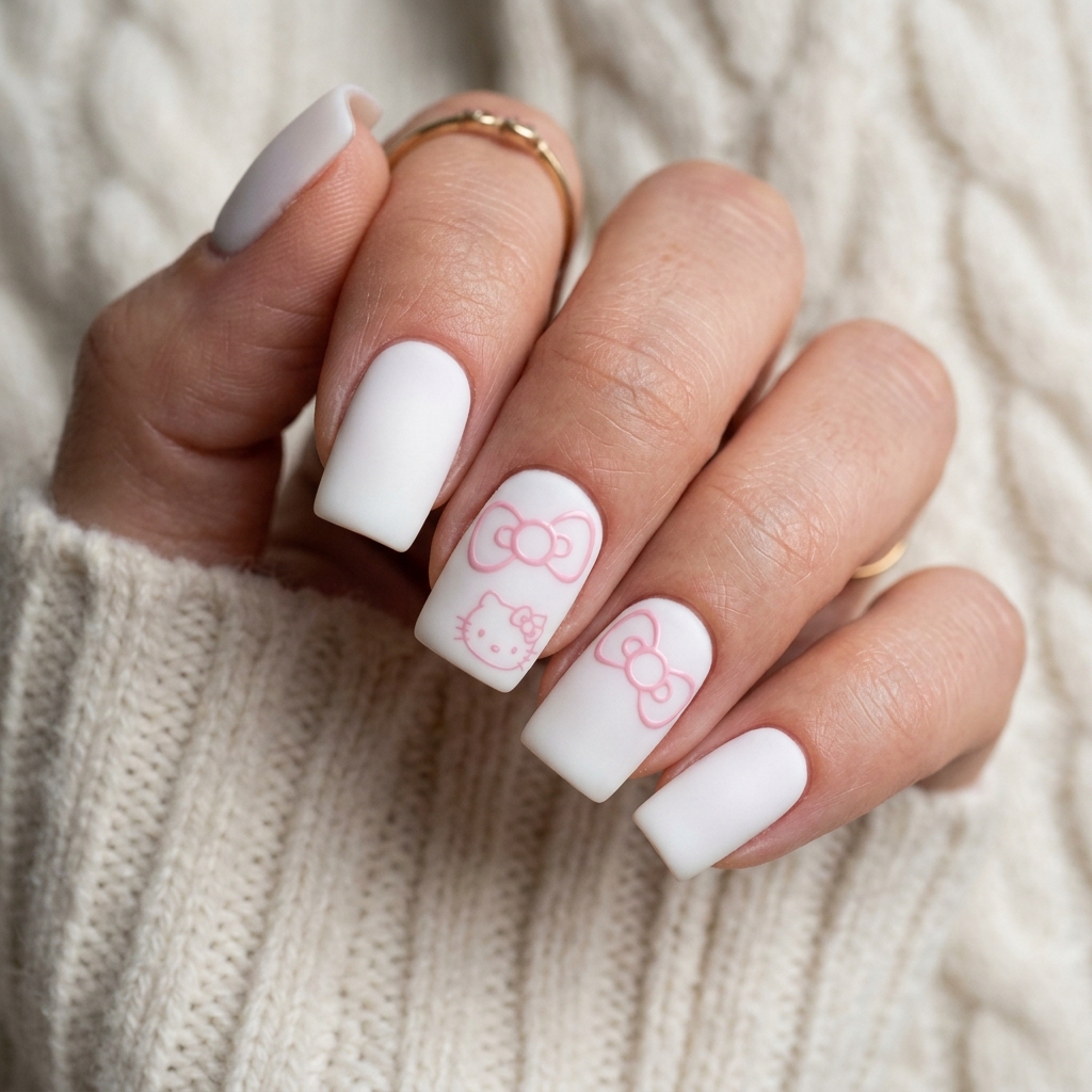 30 Hello Kitty Nails Ideas to Spark Your Next Manicure 7 Matte White Hello Kitty Nails Idea