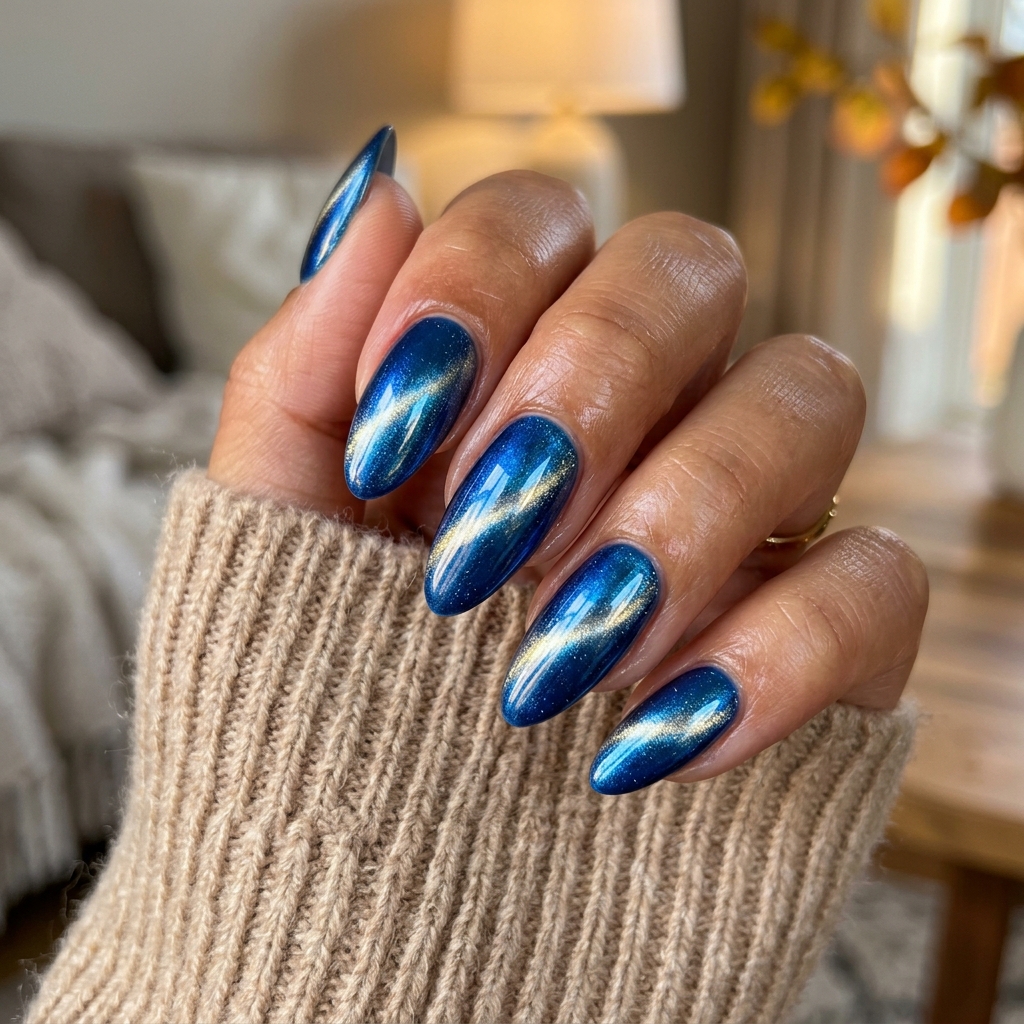 Metallic Blue Cat Eye Nails Idea