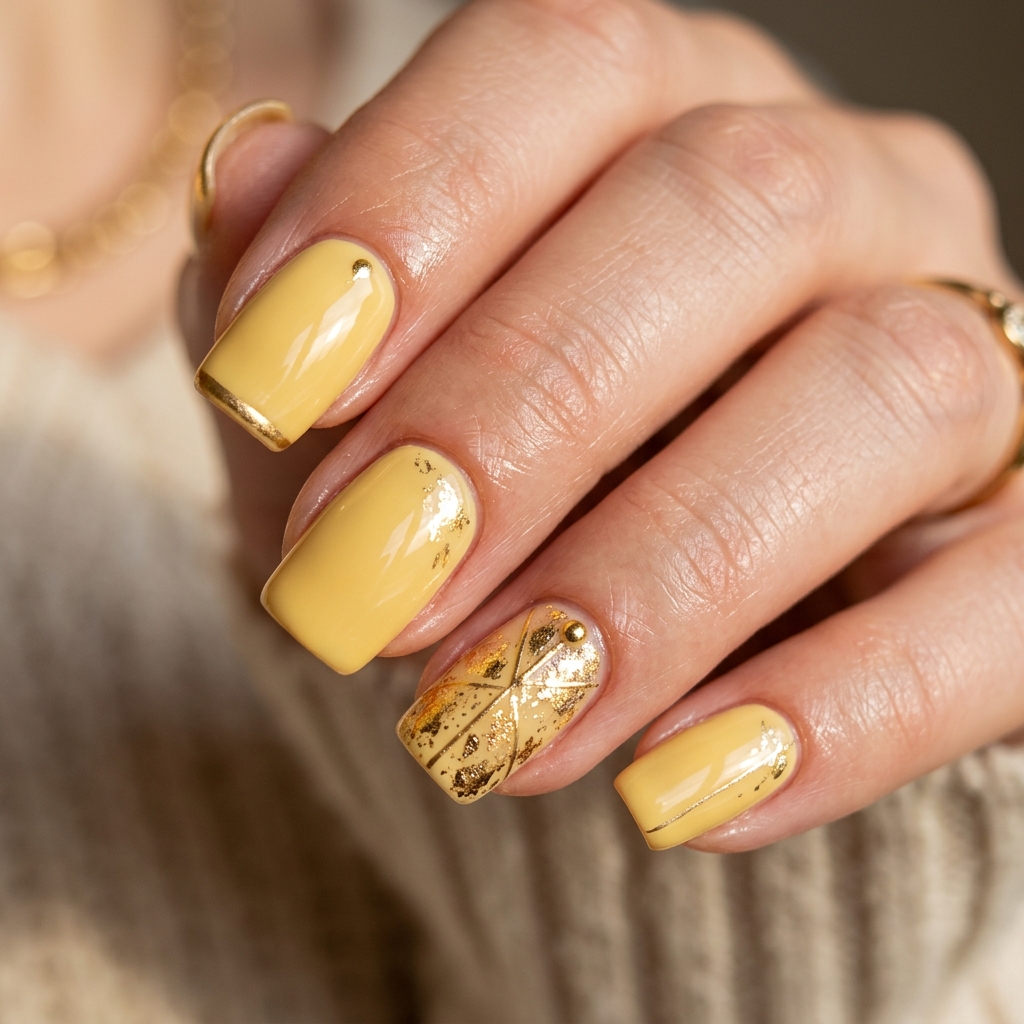 Metallic Gold Butter Yellow Nails Idea