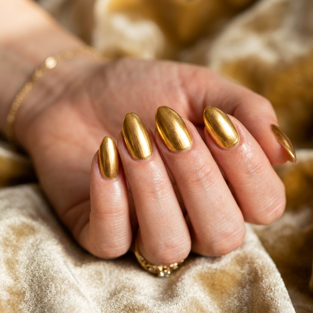 Short Almond Nails Ideas: 30 Elegant Ways to Style a Practical Shape 16 Metallic Gold Short Almond Nail Idea