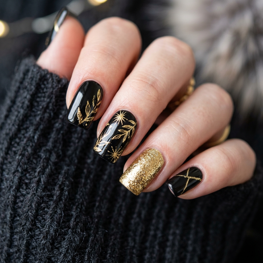Metallic Gold Winter Nails Idea