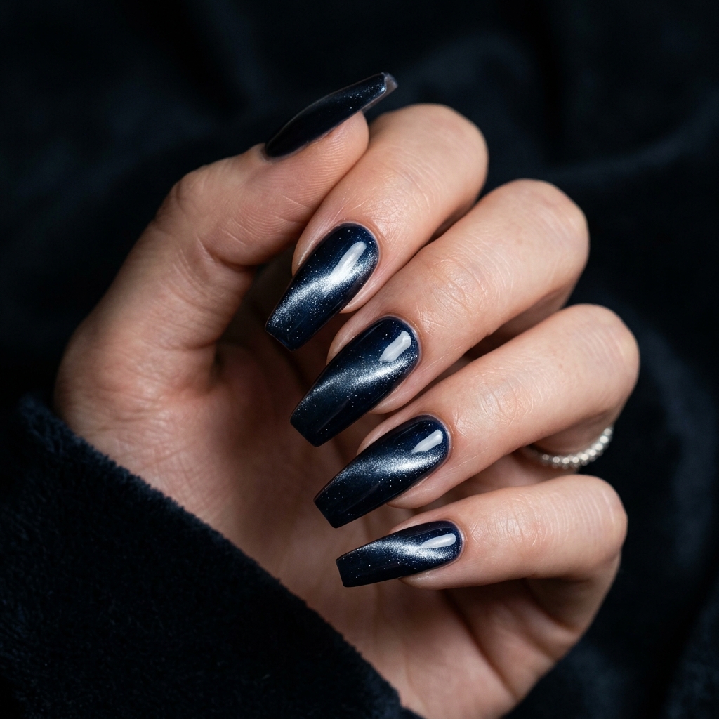 Midnight Blue Cat Eye Nails Idea