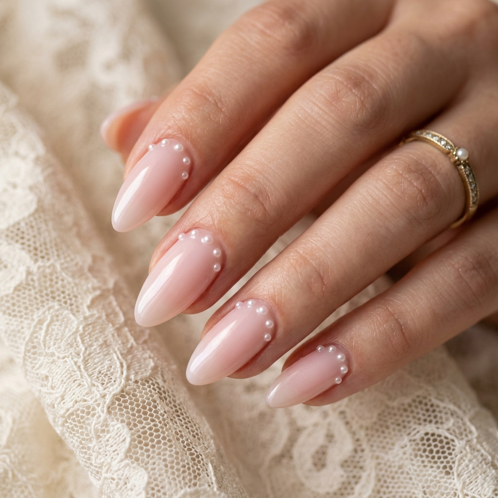 Milky Pink Almond Nails with Pearl Detail Ideas