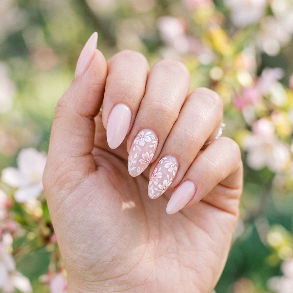 Milky Pink Almond Nails with Floral Art Ideas