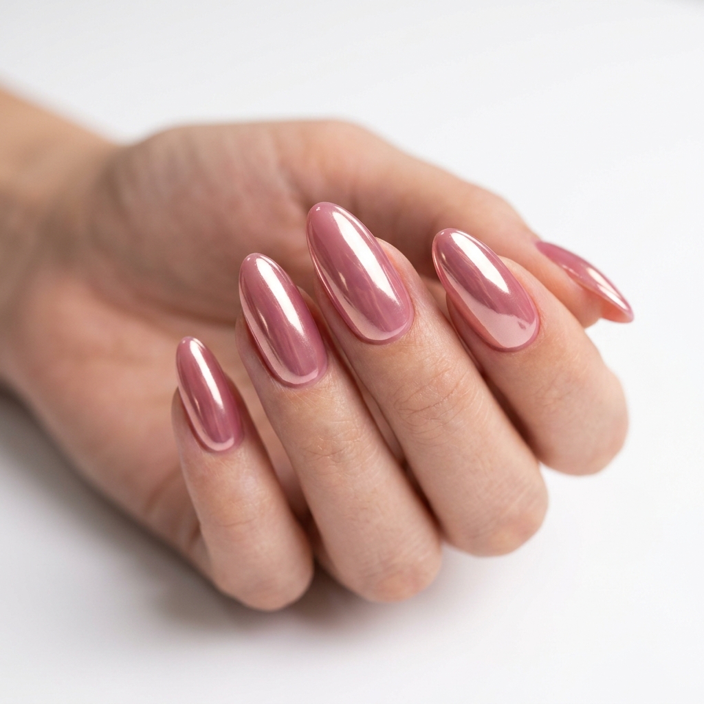 Milky Pink Almond Nail with Chrome Finish Ideas