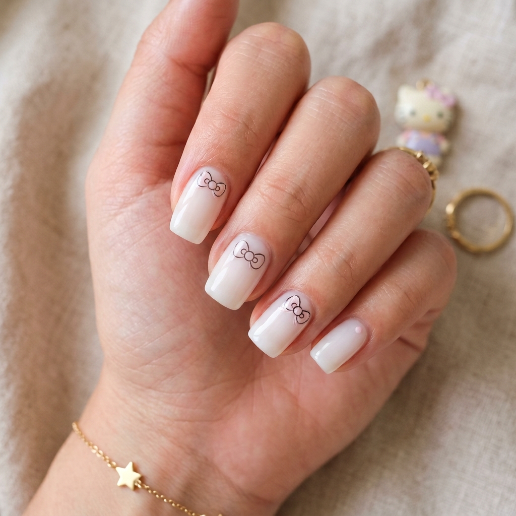 30 Hello Kitty Nails Ideas to Spark Your Next Manicure 19 Milky White Hello Kitty Nails Idea