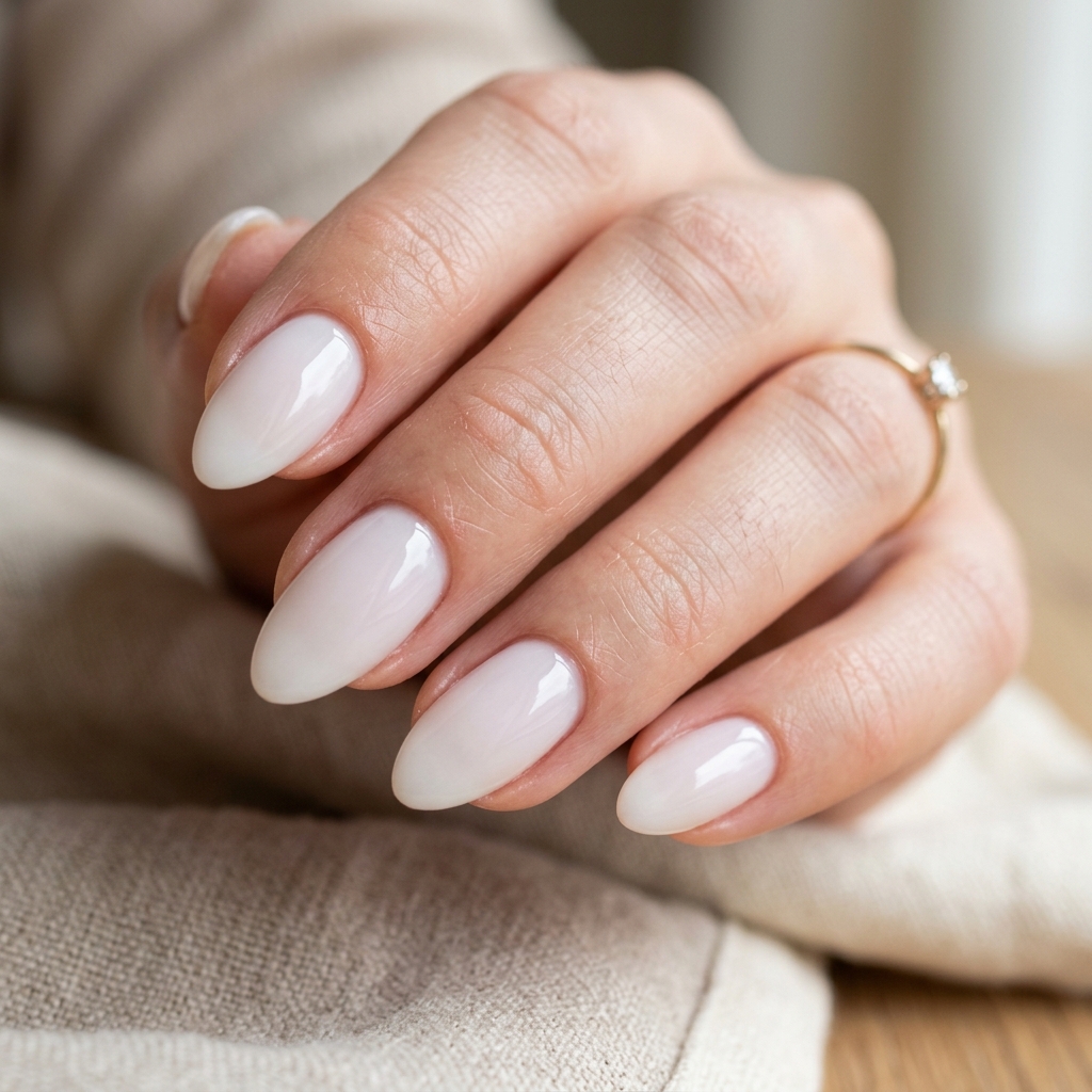 Short Almond Nails Ideas: 30 Elegant Ways to Style a Practical Shape 5 Milky White Short Almond Nails Idea
