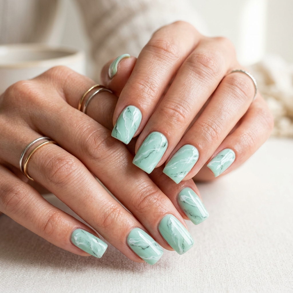 30 Pastel Nails Ideas 5 Mint Green Marble Nails Idea