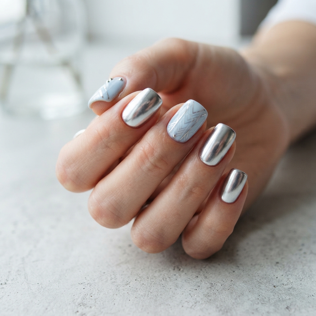 Metallic Silver Frosty Blue Nails Idea