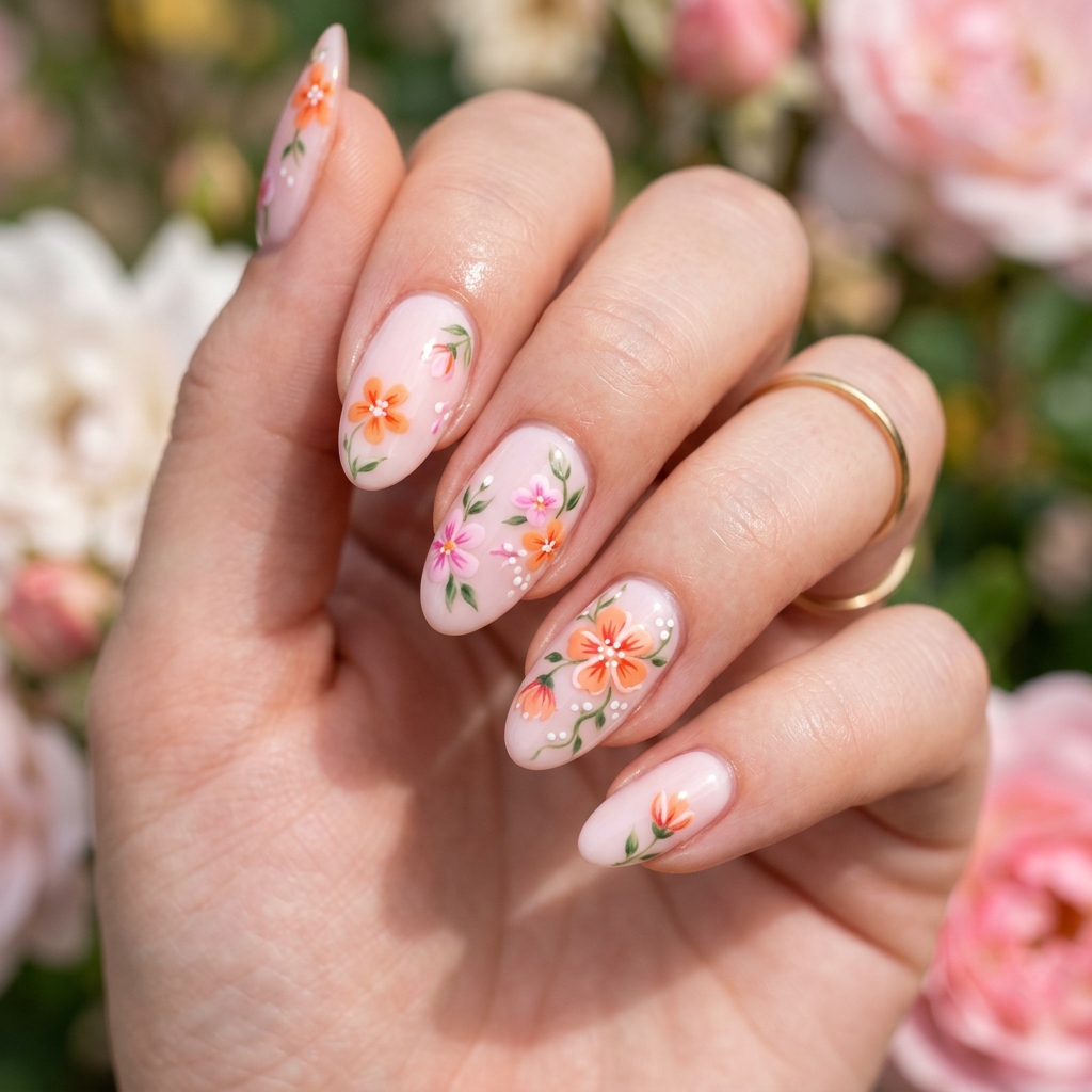 30 Pink and Orange Nails Ideas 16 Floral Pink and Orange Nails Ideas