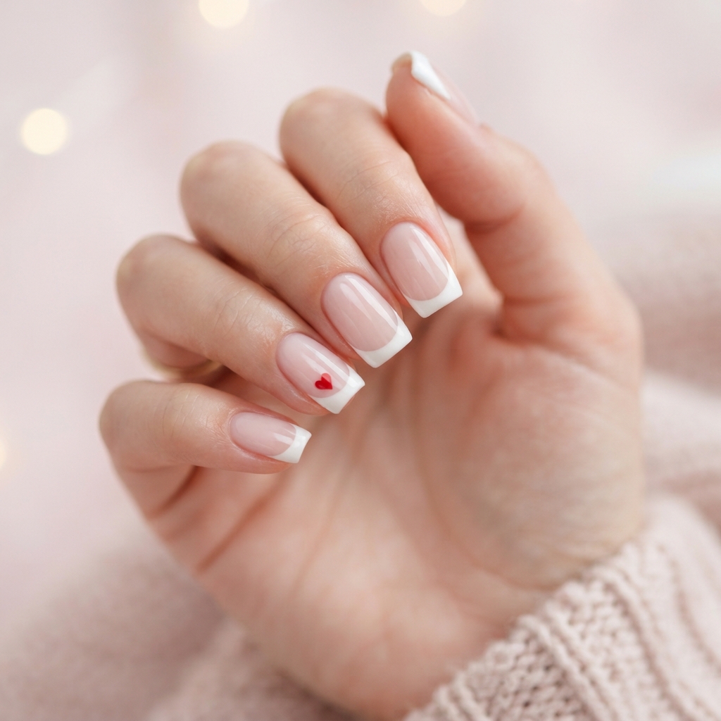 Heart Accent White French Tip Style Nails Idea