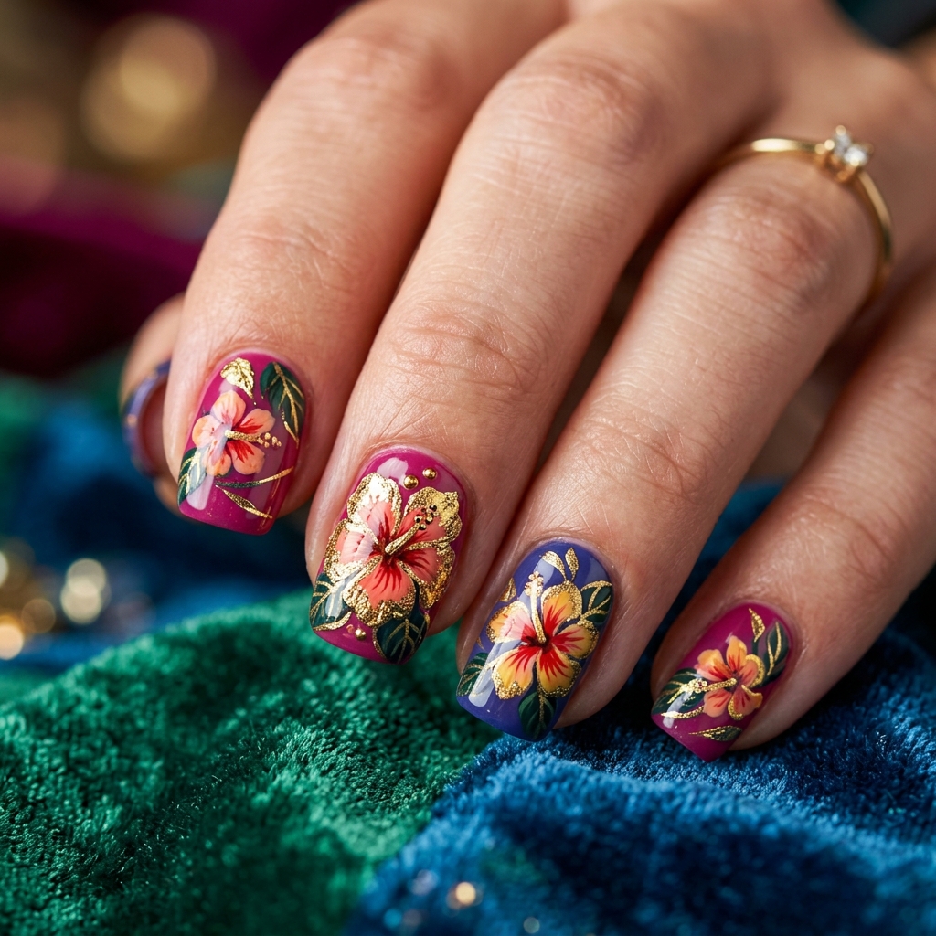 Gold Accent hibiscus flower nails Ideas