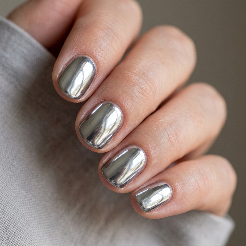 30 Short Round Nails Ideas That Bring Effortless Style to Life 7 Chrome Short Round Nails Idea