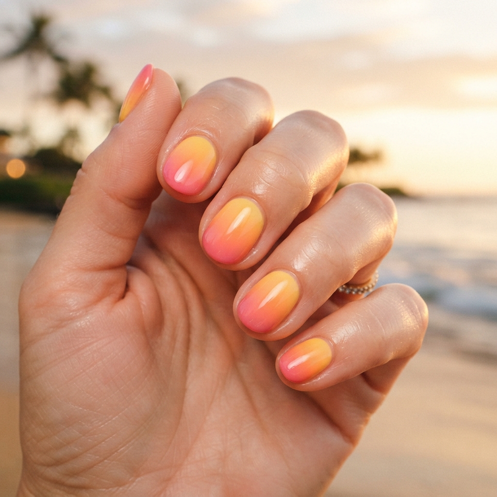 30 Short Round Nails Ideas That Bring Effortless Style to Life 30 Sunset Gradient Short Round Nail Idea