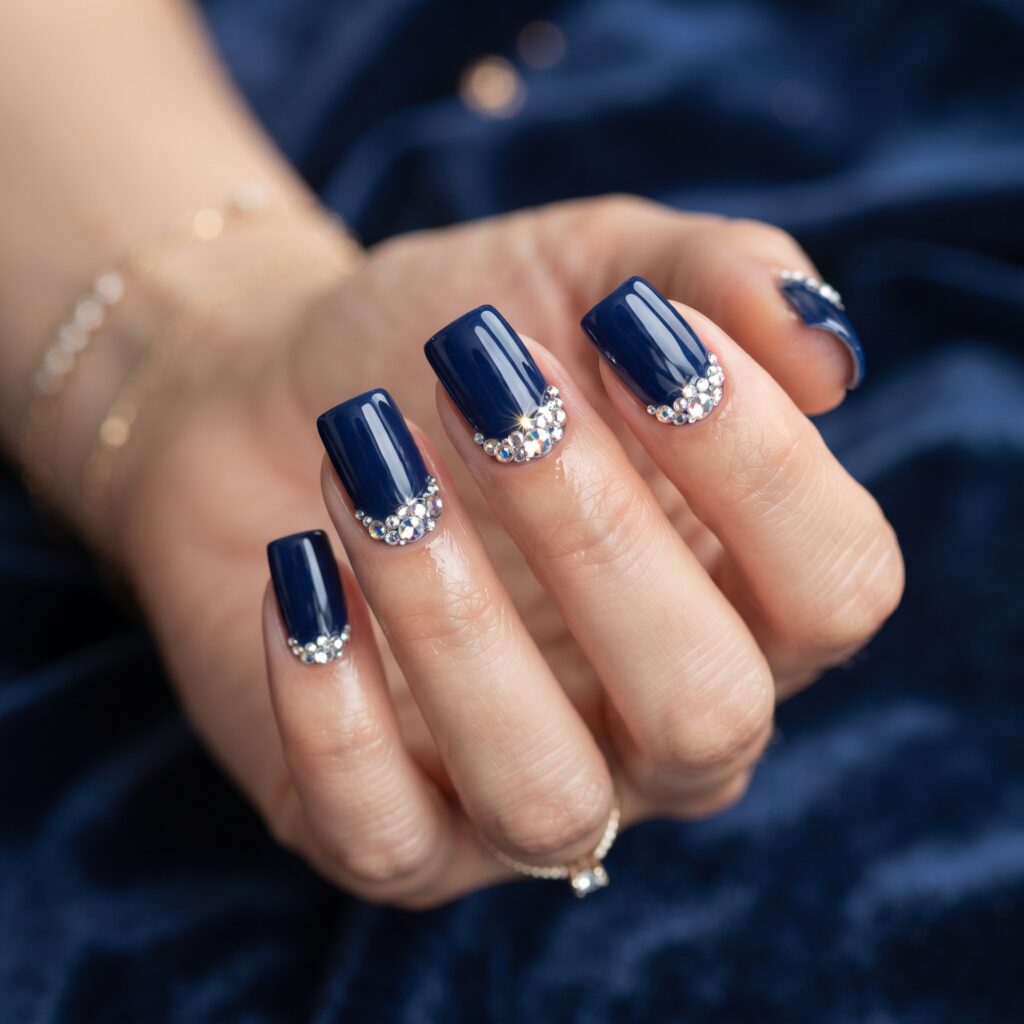 Dark Blue Nails Ideas: 30 Stunning Looks to Inspire Your Next Manicure 28 Rhinestone Dark Blue Nails Idea