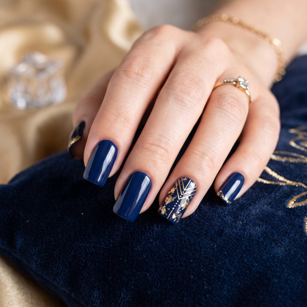Dark Blue Nails Ideas: 30 Stunning Looks to Inspire Your Next Manicure 8 Navy and Gold Accent Nails Idea