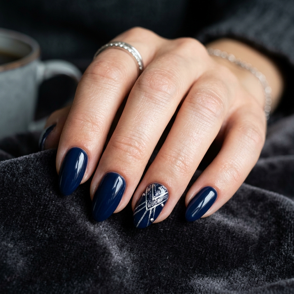 Navy nails silver detailing 202607121857