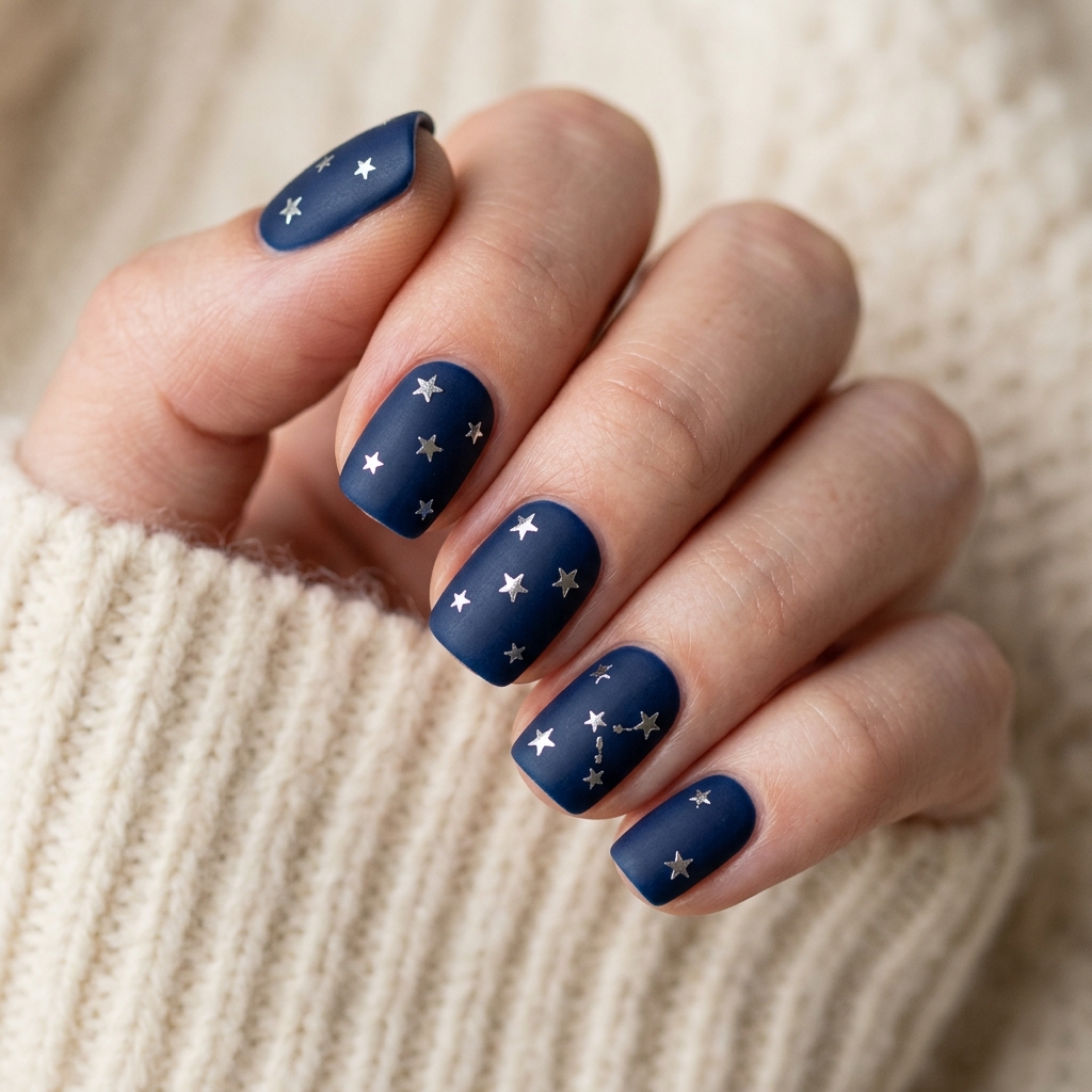 Navy and Silver Star 4th of July Nails