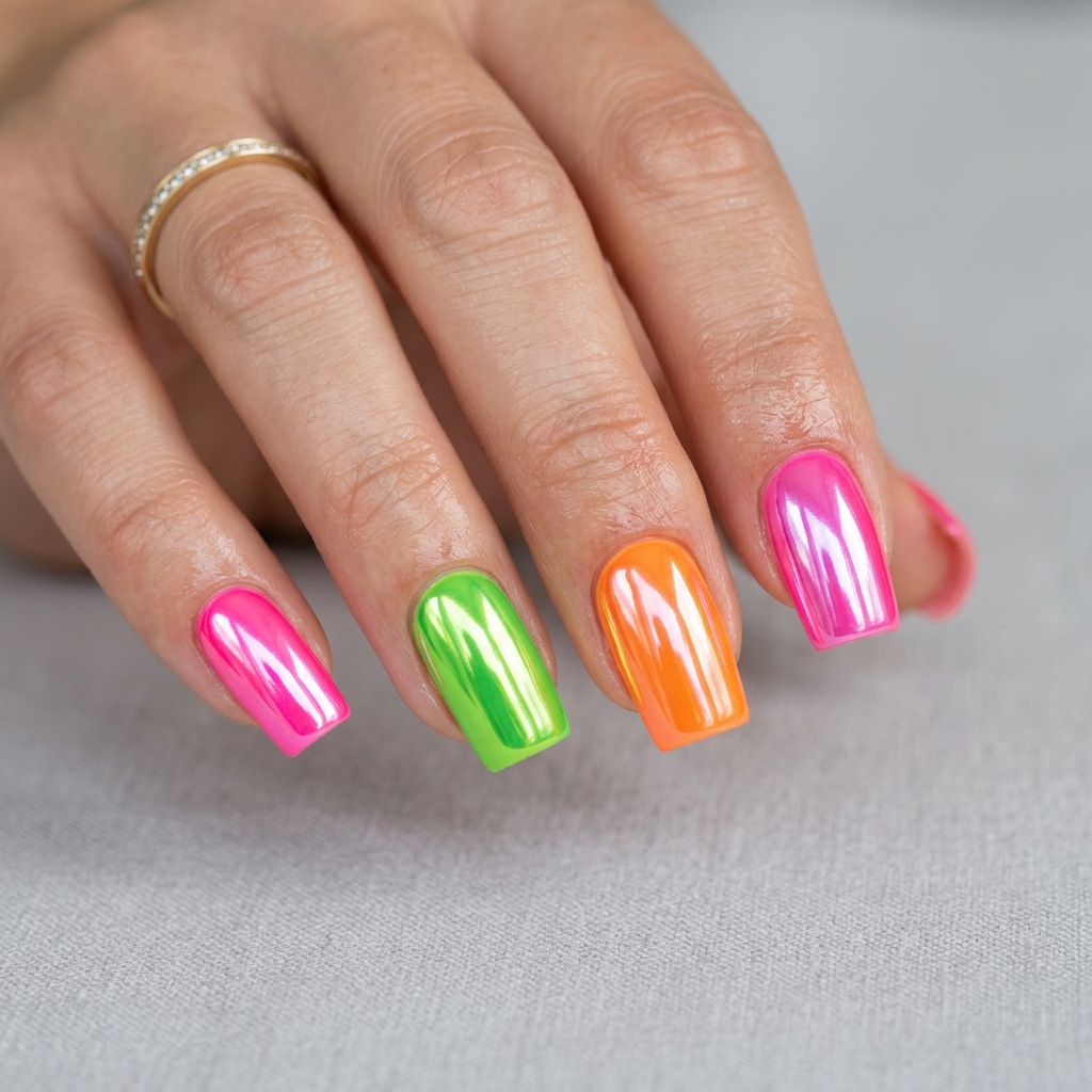30 Chrome Summer Nails Ideas You'll Want to Try Now 12 Neon Chrome Summer Nails Ideas