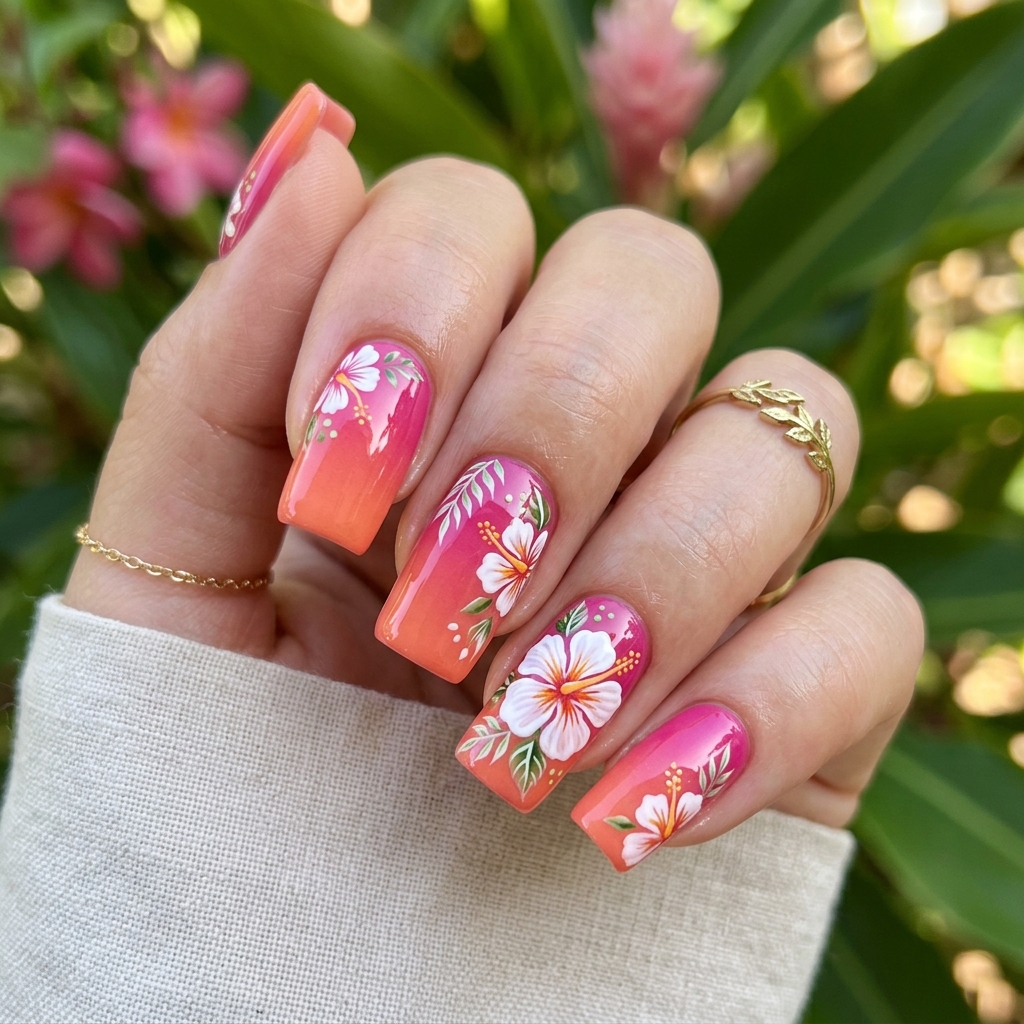 Ombre Hibiscus Flower Nail Ideas