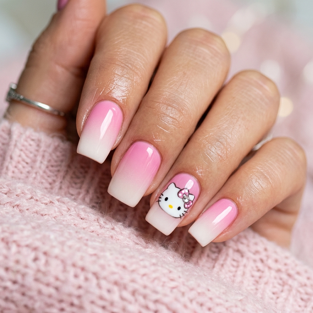 30 Hello Kitty Nails Ideas to Spark Your Next Manicure 9 Ombre Pink Hello Kitty Nails Idea