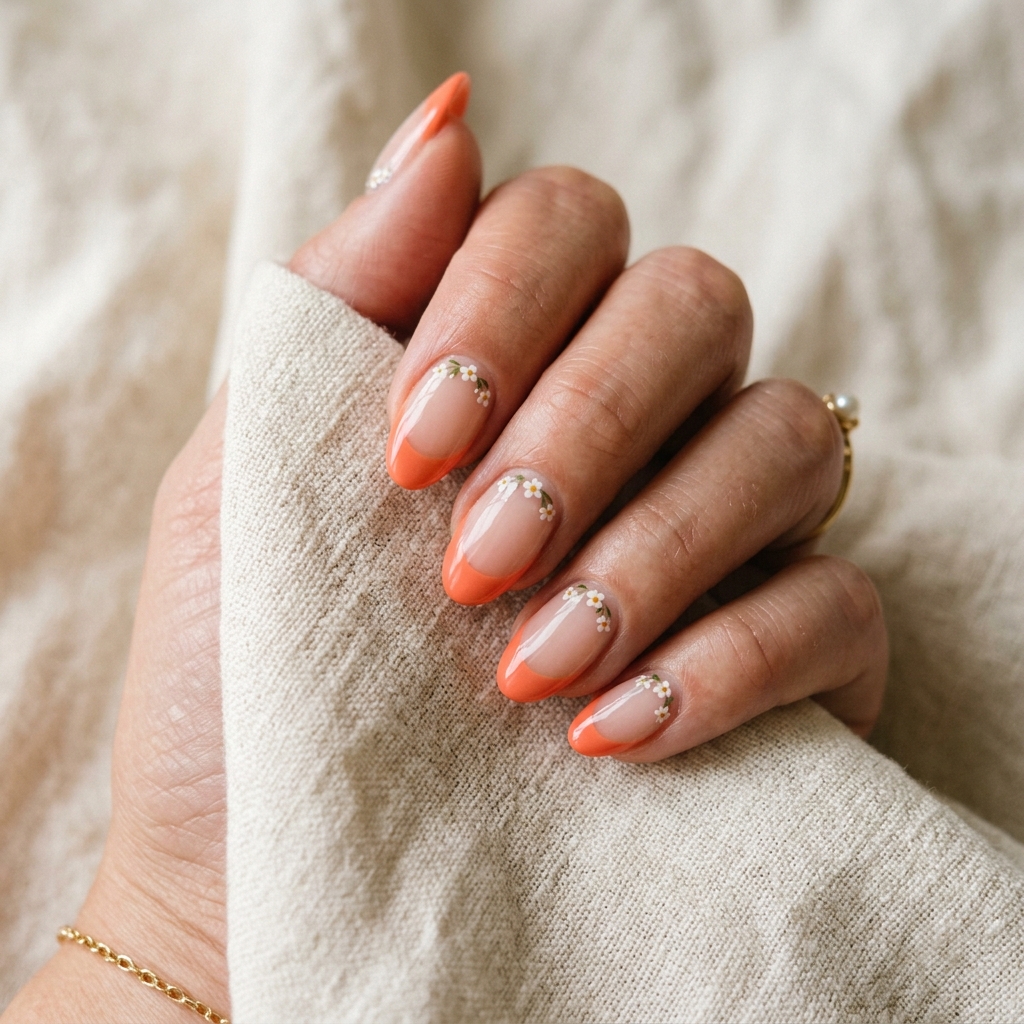 Floral Accents on Orange French Tip Nails