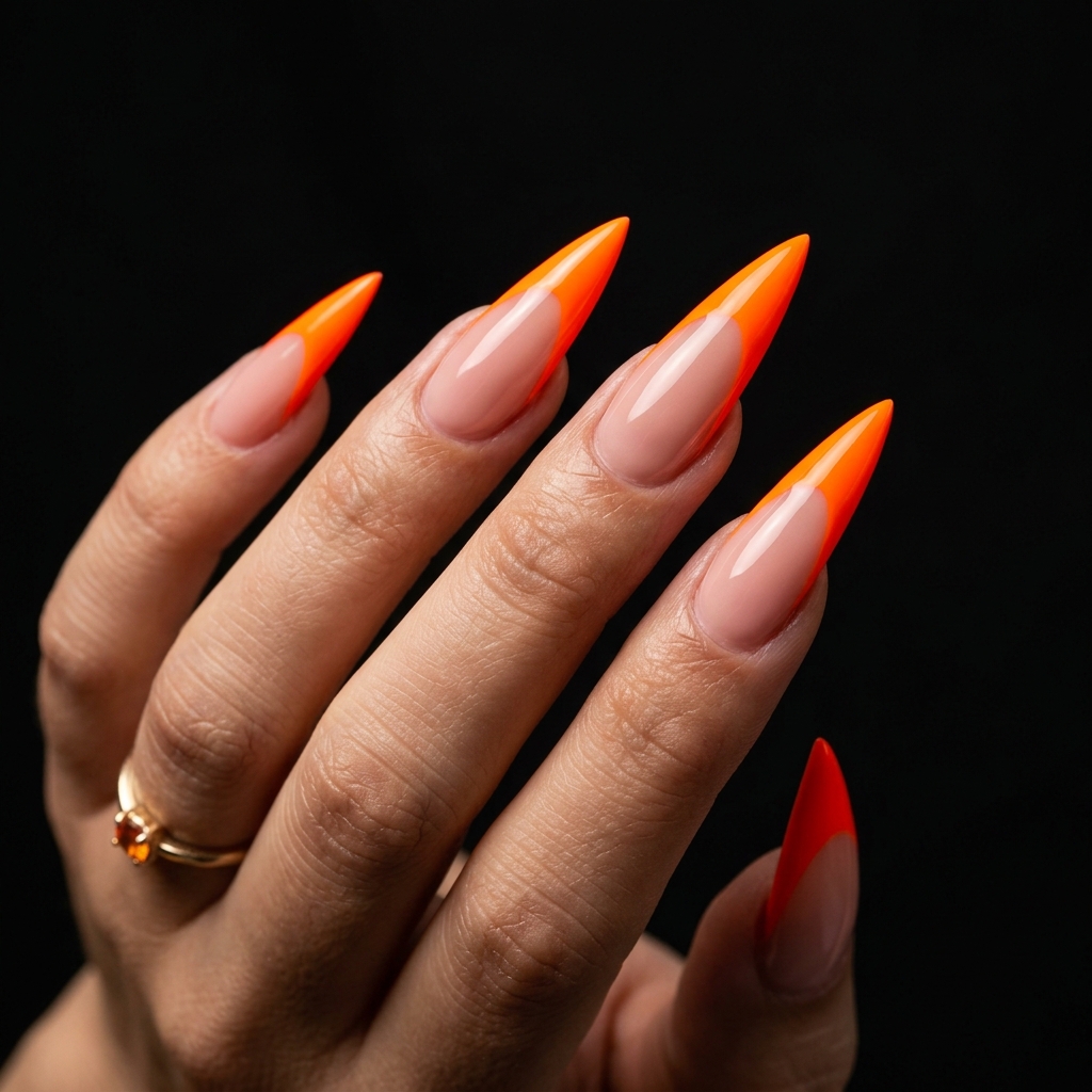 Stiletto on Orange French Tip Nails