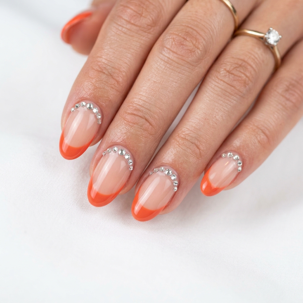 Orange French Tip Nails with Rhinestones