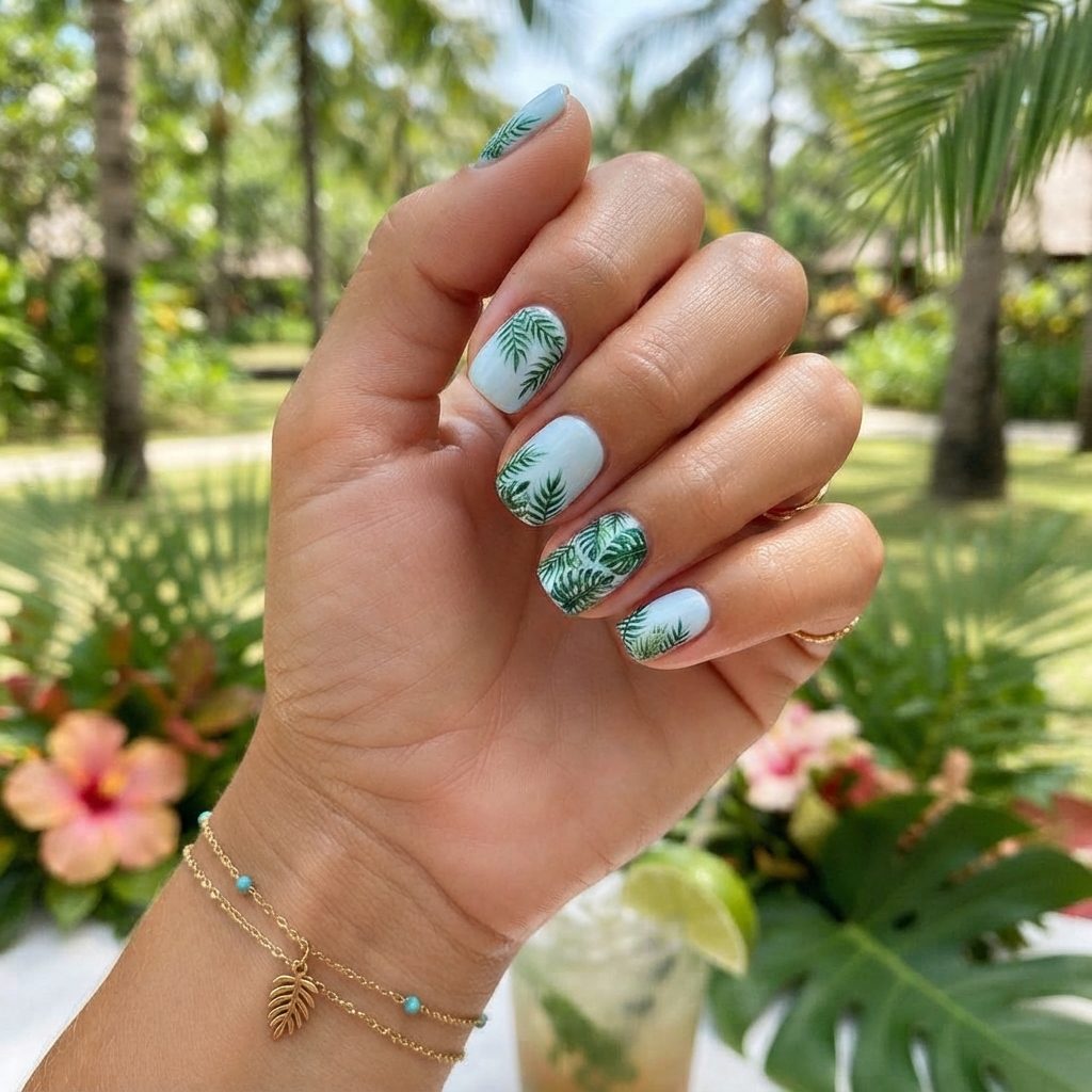 30 short Summer Nails 2025 ideas You'll Want to save Now 6 Tropical Palm Print Short Summer Nails 2025 Ideas