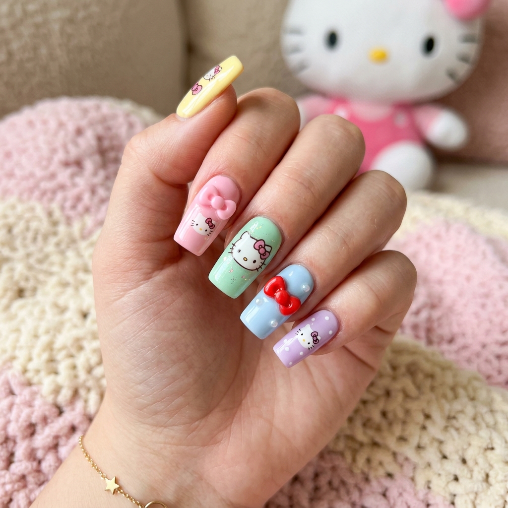 30 Hello Kitty Nails Ideas to Spark Your Next Manicure 2 Pastel Pink Hello Kitty Nails Idea