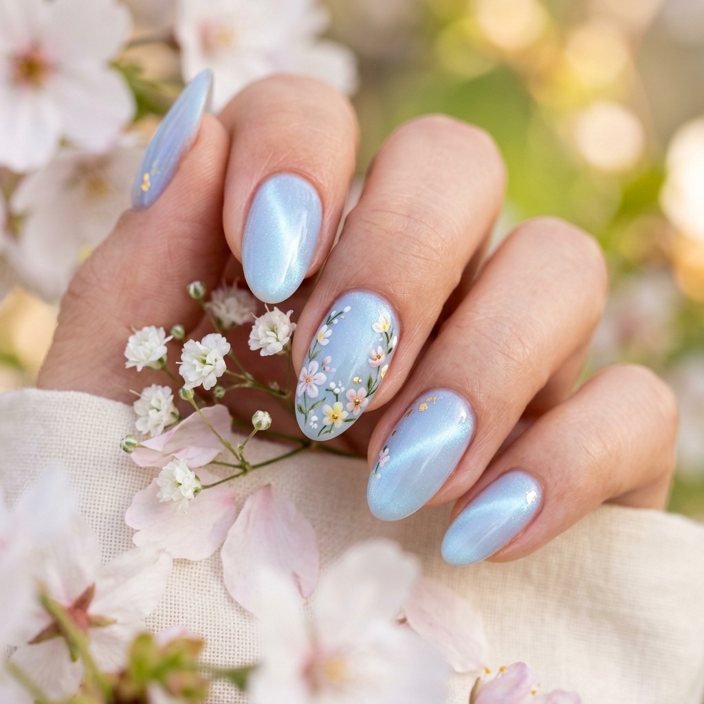 Pastel Blue Cat Eye Nails Idea