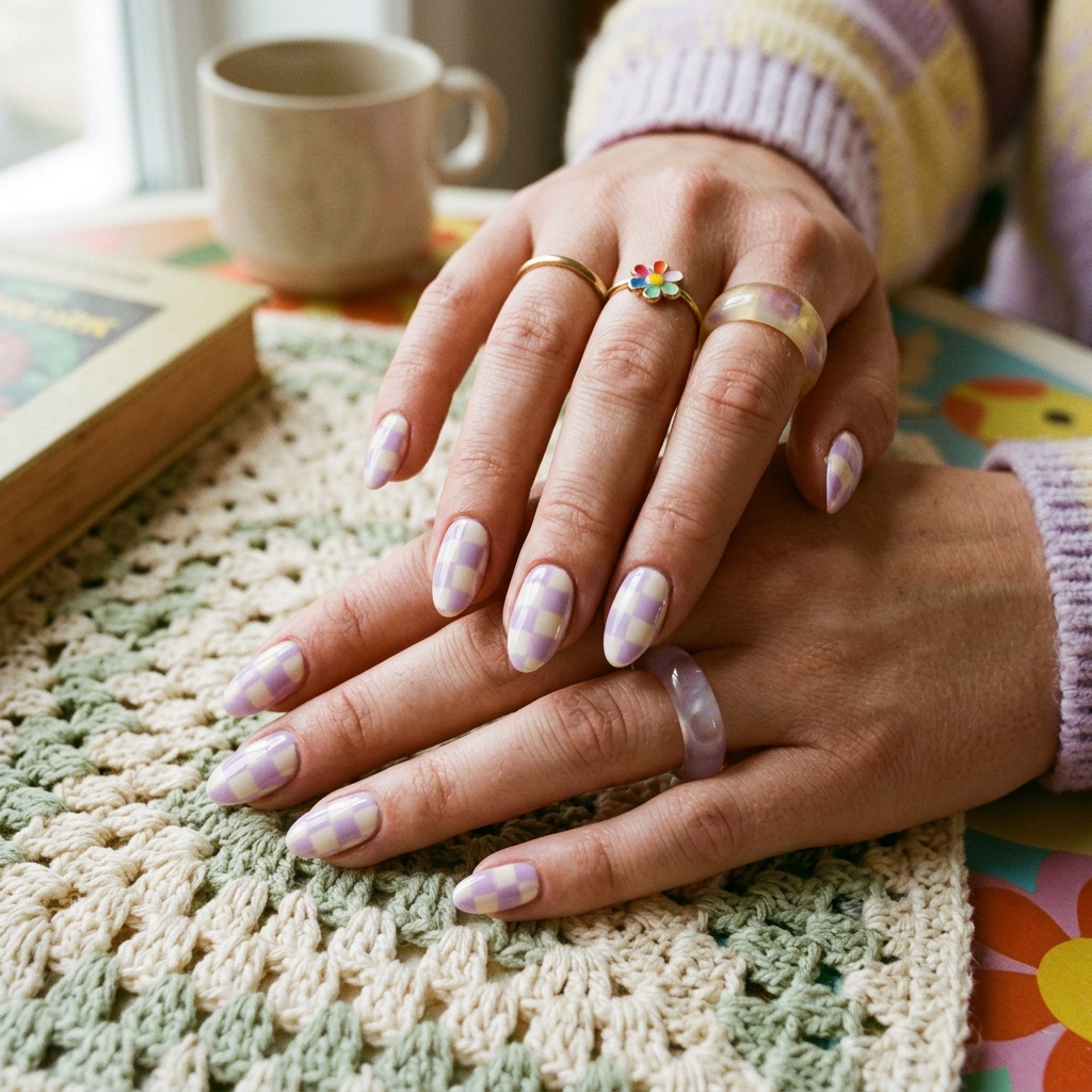 Pastel Light Purple Nails Checkerboard Idea