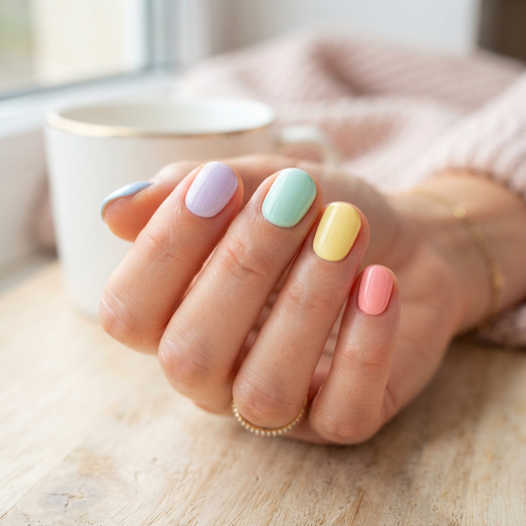 30 Short Round Nails Ideas That Bring Effortless Style to Life 27 Pastel Rainbow Short Round Nails Idea