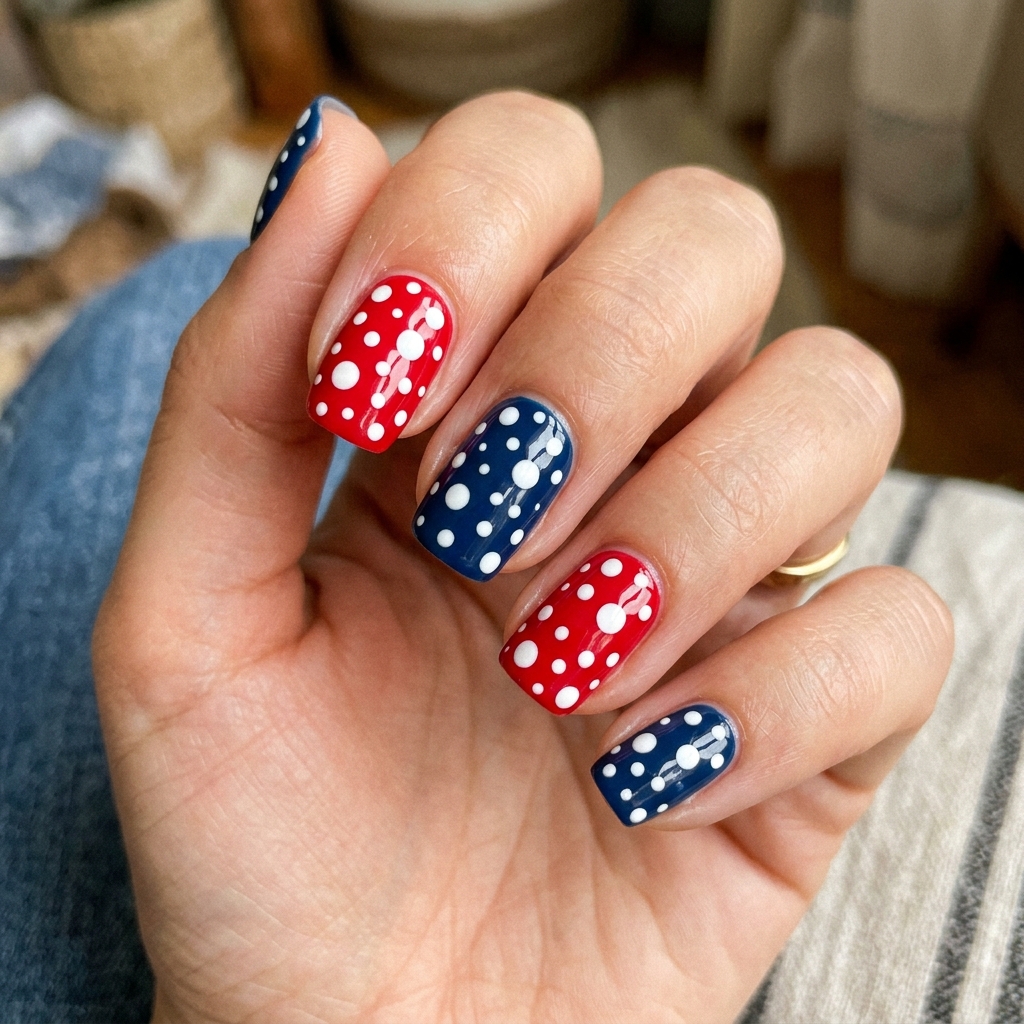 Patriotic Polka Dot 4th of July Nails