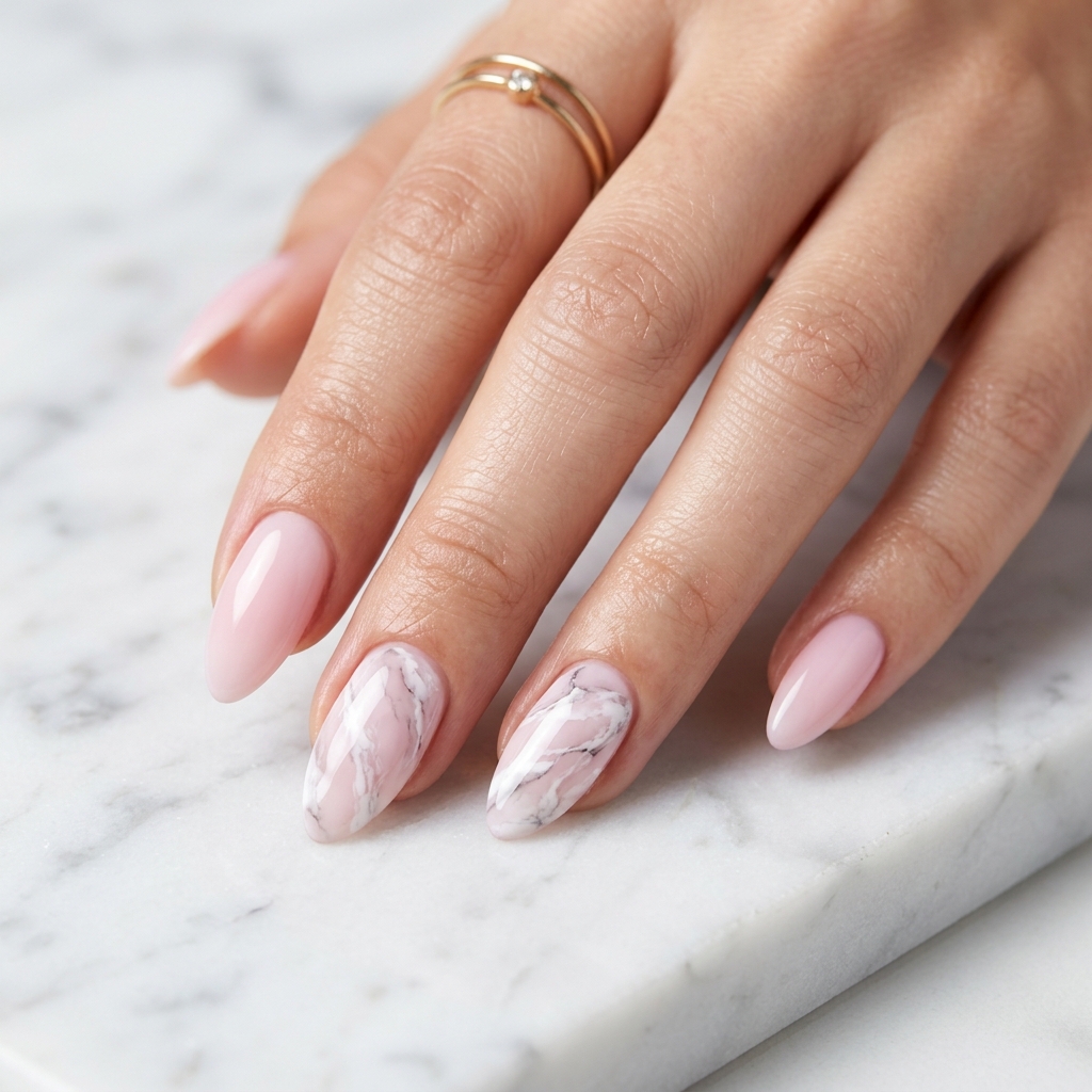 Milky Pink Almond Nail with Marble Effect Ideas