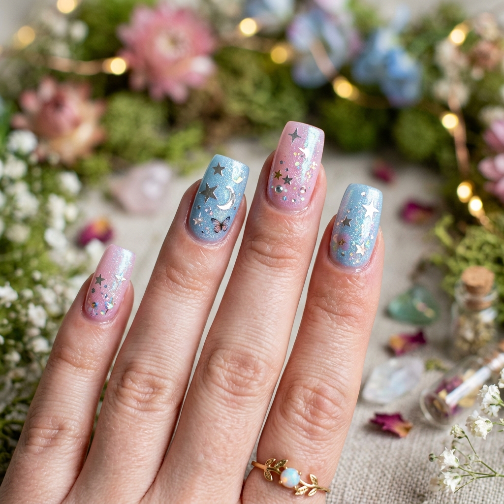 Fairycore Pink and Blue Nails Idea