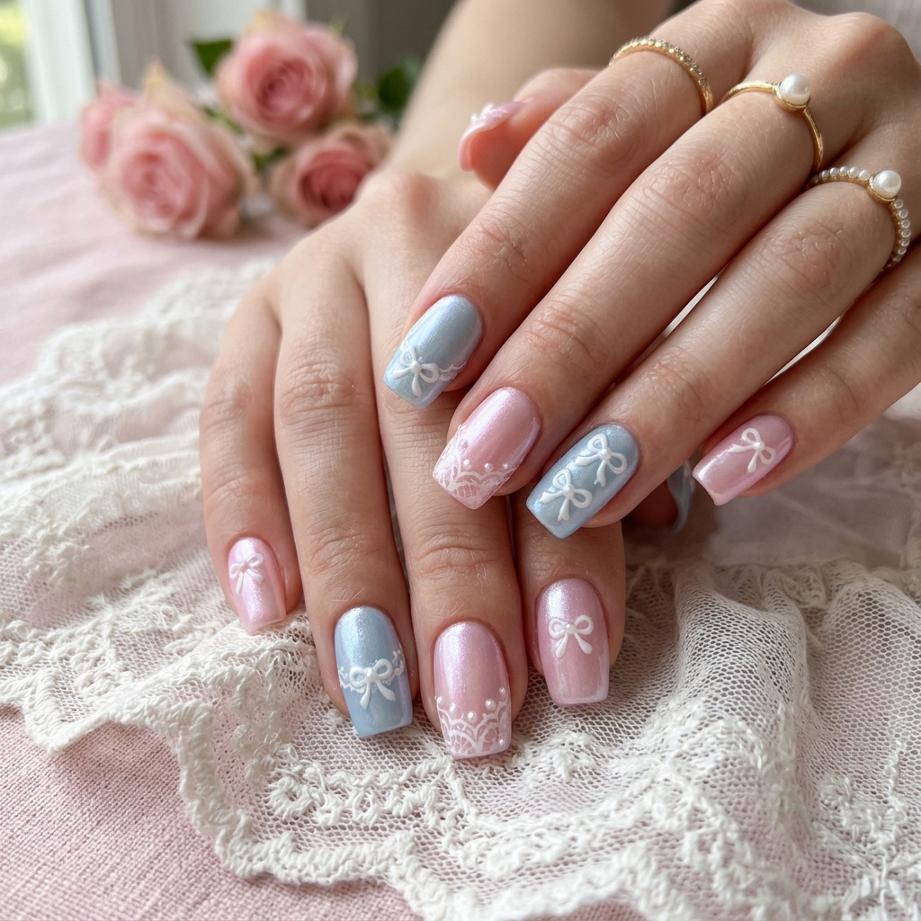 Coquette Pink and Blue Nails Idea